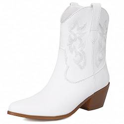 COOLCEPT Damen Western Cowboy Stiefel Embroidered Metallic Stiefel Chunky Heel Ankle Cowgirl Stiefel Pull on White Große 40 von COOLCEPT