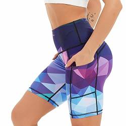 COOLOMG Damen Kurze Laufhose Yoga Shorts mit Taschen Radlerhose Sporthose Gym Fitness Workout Geometrie_lila XL von COOLOMG