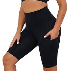 COOLOMG Damen Kurze Laufhose Yoga Shorts mit Taschen Radlerhose Sporthose Gym Fitness Workout Schwarz XL von COOLOMG