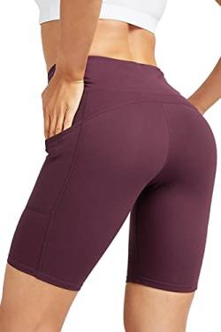 COOLOMG Damen Kurze Laufhose Yoga Shorts mit Taschen Radlerhose Sporthose Gym Fitness Workout Weinrot S von COOLOMG