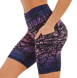 COOLOMG Damen Kurze Laufhose Yoga Shorts mit Taschen Radlerhose Sporthose Gym Fitness Workout Zweig_lila S von COOLOMG