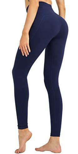 COOLOMG Damen Leggings Yoga Hose Hohe Taille Sporthose Laufhose Training&Fitness mit Taschen Marineblau L von COOLOMG