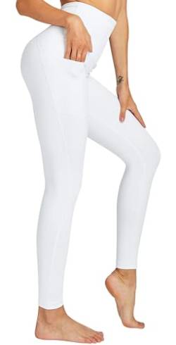 COOLOMG Damen Leggings Yoga Hose Hohe Taille Sporthose Laufhose Training&Fitness mit Taschen Weiß L von COOLOMG