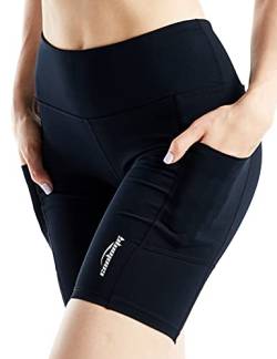 COOLOMG Damen Shorts Yoga Leggings kurz Sport Training Fitness Laufhose mit Taschen Schwarz L von COOLOMG