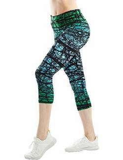 COOLOMG Damen Sport Leggings Laufhose 3/4 lang mit Taschen Yogahose Kompressionshose Zweig_grün XL von COOLOMG