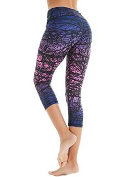 COOLOMG Damen Sport Leggings Laufhose 3/4 lang mit Taschen Yogahose Kompressionshose Zweig_lila L von COOLOMG