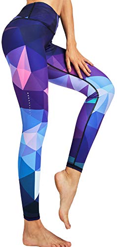 COOLOMG Damen Sport Leggings Laufhose lang mit Taschen Yogahose Kompressionshose Geometrie_lila M von COOLOMG