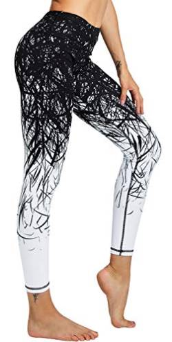 COOLOMG Damen Sport Leggings Laufhose lang mit Taschen Yogahose Kompressionshose Schwarz_weiß L von COOLOMG