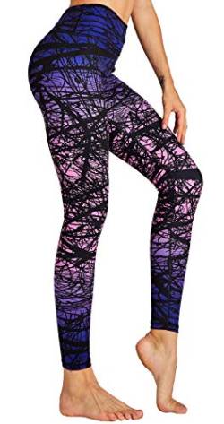 COOLOMG Damen Sport Leggings Laufhose lang mit Taschen Yogahose Kompressionshose Zweig_lila L von COOLOMG