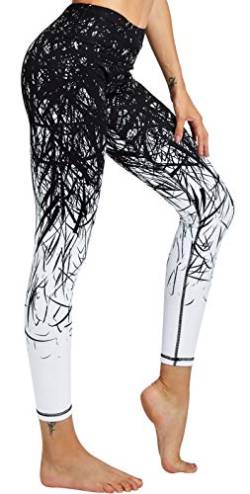 COOLOMG Damen Sport Leggings Laufhose mit Taschen Yogahose Kompressionshose Gemustert Zweig_schwarz L von COOLOMG