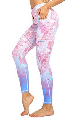 COOLOMG Damen Sport Leggings mit Taschen Blickdicht Sporthose Yogahose Laufhose Blättermuster M von COOLOMG