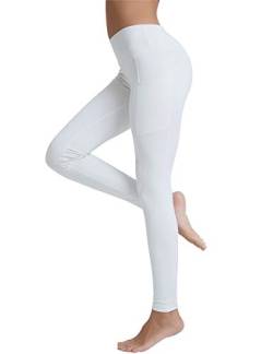 COOLOMG Damen Sport Leggings mit Taschen Blickdicht Sporthose Yogahose Laufhose lang Weiß L von COOLOMG