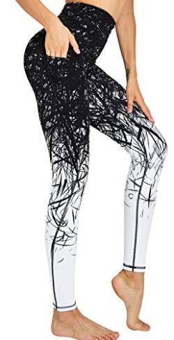 COOLOMG Damen Yoga Leggings Hohe Taille Fitnesshose Laufhose Leggins mit Taschen Zweig_Schwarz M von COOLOMG