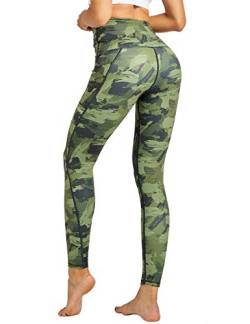 COOLOMG Damen Yoga Leggings Sporthose Laufhose Fitnesshose Gemustert Blickdicht mit Taschen Camo-armeegrün L von COOLOMG