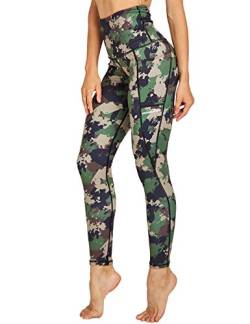 COOLOMG Damen Yoga Leggings Sporthose Laufhose Fitnesshose Gemustert Blickdicht mit Taschen Camo-grün L von COOLOMG