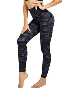 COOLOMG Damen Yoga Leggings Sporthose Laufhose Fitnesshose Gemustert Blickdicht mit Taschen Camo-schwarz S von COOLOMG