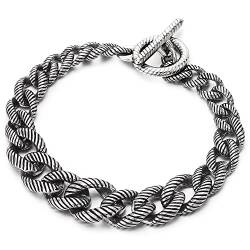 COOLSTEELANDBEYOND Armband für Herren Donna aus Stahl mit Panzerkette und Knebelverschluss, Streifen-Seilkette und alter Metallbehandlung von COOLSTEELANDBEYOND