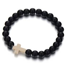 COOLSTEELANDBEYOND Damen Herren Dehnbare Armband Schwarz Onyx Perlen mit Kreuz Charm Synthetischen Onyx von COOLSTEELANDBEYOND