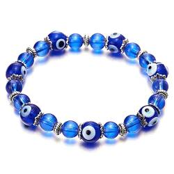 COOLSTEELANDBEYOND Damen Perlen Armband Bettelarmband mit 8mm Blau Murano-Stil Glas Mauvais Oeil Beads und Charme von COOLSTEELANDBEYOND