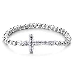 COOLSTEELANDBEYOND Damen Perlen Gliederkette Armband mit Zirkonia Horizontalen Seite Kreuz, Exquisite von COOLSTEELANDBEYOND