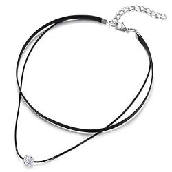 COOLSTEELANDBEYOND Damen Zweireihige Schwarz Choker Halsketten Halskette mit Zirkonia Ball Wulst Charm Anhänger von COOLSTEELANDBEYOND