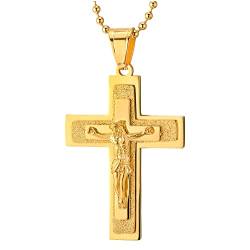 COOLSTEELANDBEYOND Dreischichtige Gold Farbe Jesus Christus Kruzifix-Keuz-Anhänger Herren Damen Edelstahl Halskette mit 75cm Kette von COOLSTEELANDBEYOND
