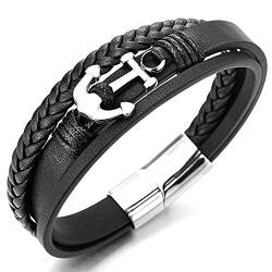 COOLSTEELANDBEYOND Edelstahl Anker Armband, Herren Damen Armband, DREI Stränge Schwarz Geflochtene Lederarmband Leder Armreif von COOLSTEELANDBEYOND