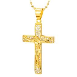 COOLSTEELANDBEYOND Edelstahl Goldfarben Jesus Christus Kruzifix Kreuz Anhänger Halskette mit Zirkonia Herren Damen, 70cm Stahl Weizen-Kette von COOLSTEELANDBEYOND