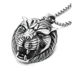 COOLSTEELANDBEYOND Edelstahl Herren Tiger Kopf Anhänger Halskette mit 75cm Weizen-Kette von COOLSTEELANDBEYOND