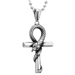 COOLSTEELANDBEYOND Edelstahl Kobra Schlange Kreuz Anhänger Halskette für Herren Damen, 60CM Kugelkette von COOLSTEELANDBEYOND