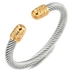 COOLSTEELANDBEYOND Elastische Verstellbare-Edelstahl Armband für Herren Damen Verdrehten Stahlkabel Armreif Poliert, Silber Gold von COOLSTEELANDBEYOND