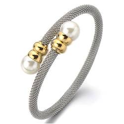 COOLSTEELANDBEYOND Elastische Verstellbare Edelstahl Damen-Armband Verdrehten Stahlkabel Armreif mit Synthetische Perle von COOLSTEELANDBEYOND