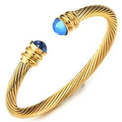 COOLSTEELANDBEYOND Elastische Verstellbare-Klassische Gold Edelstahl Herren Damen Armband Verdrehten Stahlkabel Armreif mit Blau Wulst von COOLSTEELANDBEYOND