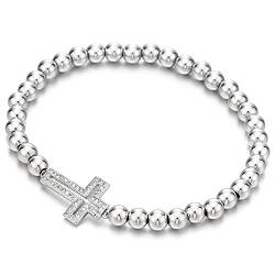 COOLSTEELANDBEYOND Funkelnden Damen Mädchen Perlen-Armband mit Zirkonia Horizontalen Seite Kreuz von COOLSTEELANDBEYOND