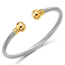 COOLSTEELANDBEYOND Gold Silber Elastische Verstellbare-Edelstahl Armband für Herren Damen Verdrehten Stahlkabel Armreif Poliert von COOLSTEELANDBEYOND