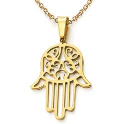 COOLSTEELANDBEYOND Goldfarben Hamsa Hand der Fatima Schutz Anhänger für Damen Edelstahl-Halskette mit 50cm Stahl Kette von COOLSTEELANDBEYOND