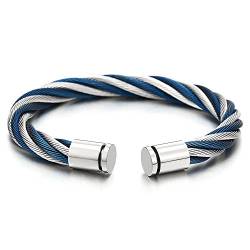 COOLSTEELANDBEYOND Große Elastische Verstellbare-Edelstahl Herren Damen Armband Verdrehten Stahlkabel Armreif, Blau Silber Zweifarbig von COOLSTEELANDBEYOND