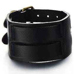 COOLSTEELANDBEYOND Große Leatherarmband für Herren Punk Rock Armreif Schwarz Echtes Leather mit Zwei Schnallen von COOLSTEELANDBEYOND