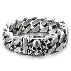 COOLSTEELANDBEYOND Großes Vintage Gebürstete Oberfläche Silber Edelstahl Panzerkette Armband Herren mit Fleur de Lis und Schädel, Gotik von COOLSTEELANDBEYOND