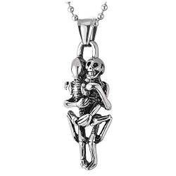 COOLSTEELANDBEYOND Herren Damen Edelstahl Vintage Umarmen Schädel Skelett Knochen Anhänger Halskette mit 60cm Stahl Kugelkette von COOLSTEELANDBEYOND