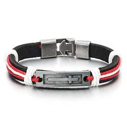 COOLSTEELANDBEYOND Herren Damen Grau ID Identifikations Kreuz Schwarz Leder Verflochtenen Rot Weiß Baumwolle Seil Armreif Armband von COOLSTEELANDBEYOND