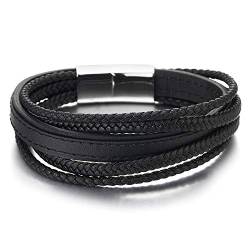 COOLSTEELANDBEYOND Herren Damen Multi-Strang Schwarz Stiche Geflochtene Lederarmband Armband Leder Schweißband Edelstahl von COOLSTEELANDBEYOND