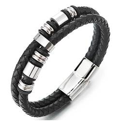 COOLSTEELANDBEYOND Herren Doppel-Lap Schwarz Geflochtenem Lederarmband Armband Leder Schweißband, Silber Farbe Edelstahl Charme von COOLSTEELANDBEYOND