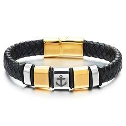 COOLSTEELANDBEYOND Herren Lederarmband Armband Schwarz Geflochtenem Leder Schweißband, Edelstahl Silber Gold Charme mit Marine Anker von COOLSTEELANDBEYOND