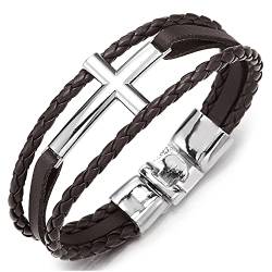 COOLSTEELANDBEYOND Horizontalen Seite Seitlich Kreuz DREI Reihen Braune Geflochtene Lederarmband für Herren Damen von COOLSTEELANDBEYOND