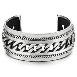 COOLSTEELANDBEYOND Männlich Breiten Herren Damen Armband Armreif aus Edelstahl Farbe Silber mit Panzerkette Ornament, Satinierte von COOLSTEELANDBEYOND