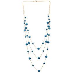 COOLSTEELANDBEYOND Rotgold Statement Halskette Drei Stränge Lange Kette mit Blau Synthetische Perle Perlen Anhänger, Abendkleid Elegante von COOLSTEELANDBEYOND