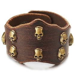 COOLSTEELANDBEYOND Schädel Leder Armband, Breiten Braun Lederarmband, Armreif, Herren Damen Gothic Punk, SnapTaste von COOLSTEELANDBEYOND