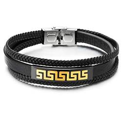 COOLSTEELANDBEYOND Schwarz Goldfarben Griechischen Schlüsselmuster ID Identifikations DREI Stränge Schwarz Leder Geflochtene Armband von COOLSTEELANDBEYOND