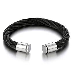 COOLSTEELANDBEYOND Schwarz Silber Große Elastische Verstellbare Verdrehten Stahlkabel Edelstahl Herren Damen Armband Armreif von COOLSTEELANDBEYOND